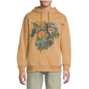 Scotch & Soda tan beige Graphic Hoodie Mens L Tropical Print Fleece Sweatshirt